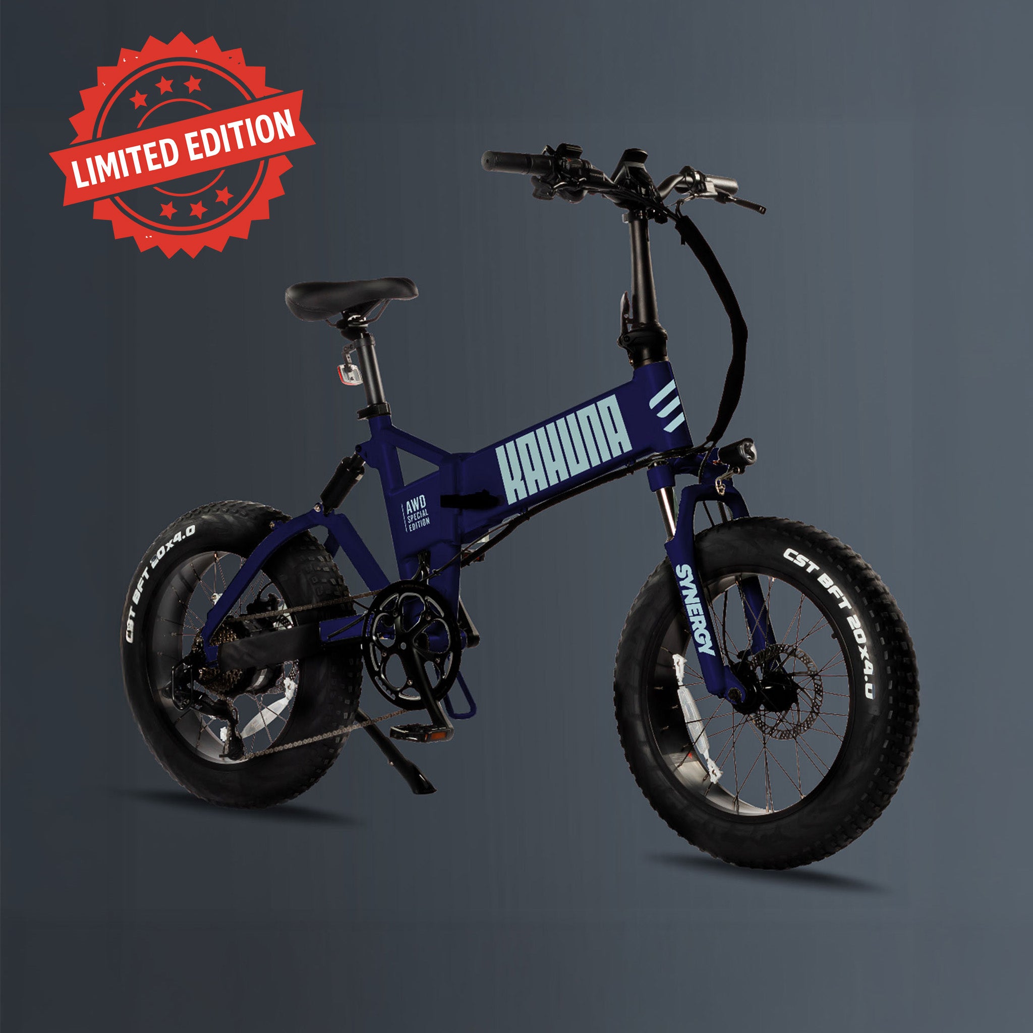 Synergy Kahuna electric bike in midnight blue with background