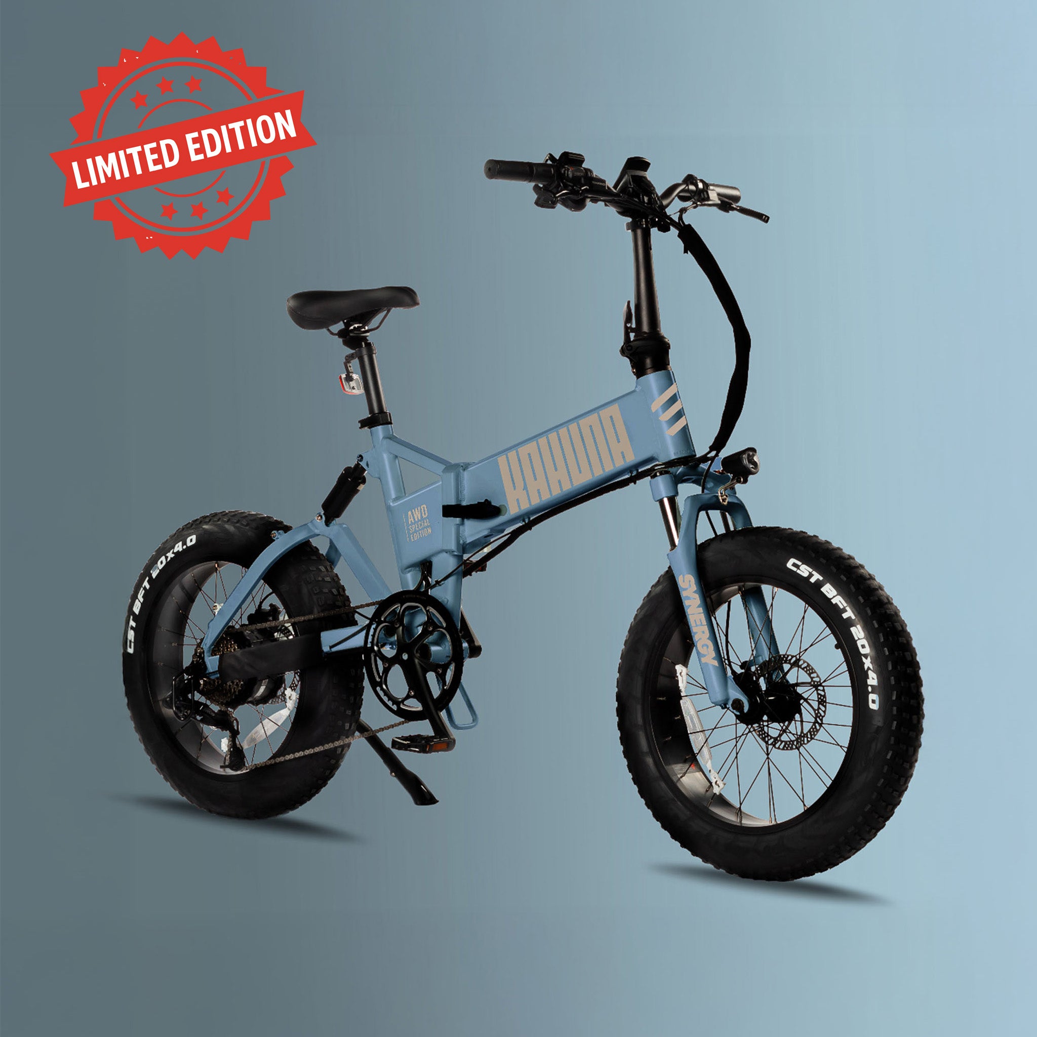 Synergy Kahuna electric bike in skyline blue with background