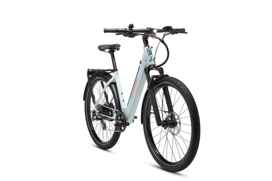 Front angle view of RadKick Arctic Blue electric bike