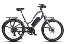 Side view of the Grey Synergy City 2 electric bike featuring a step-through frame, integrated battery, front and rear fenders, and rear cargo rack.