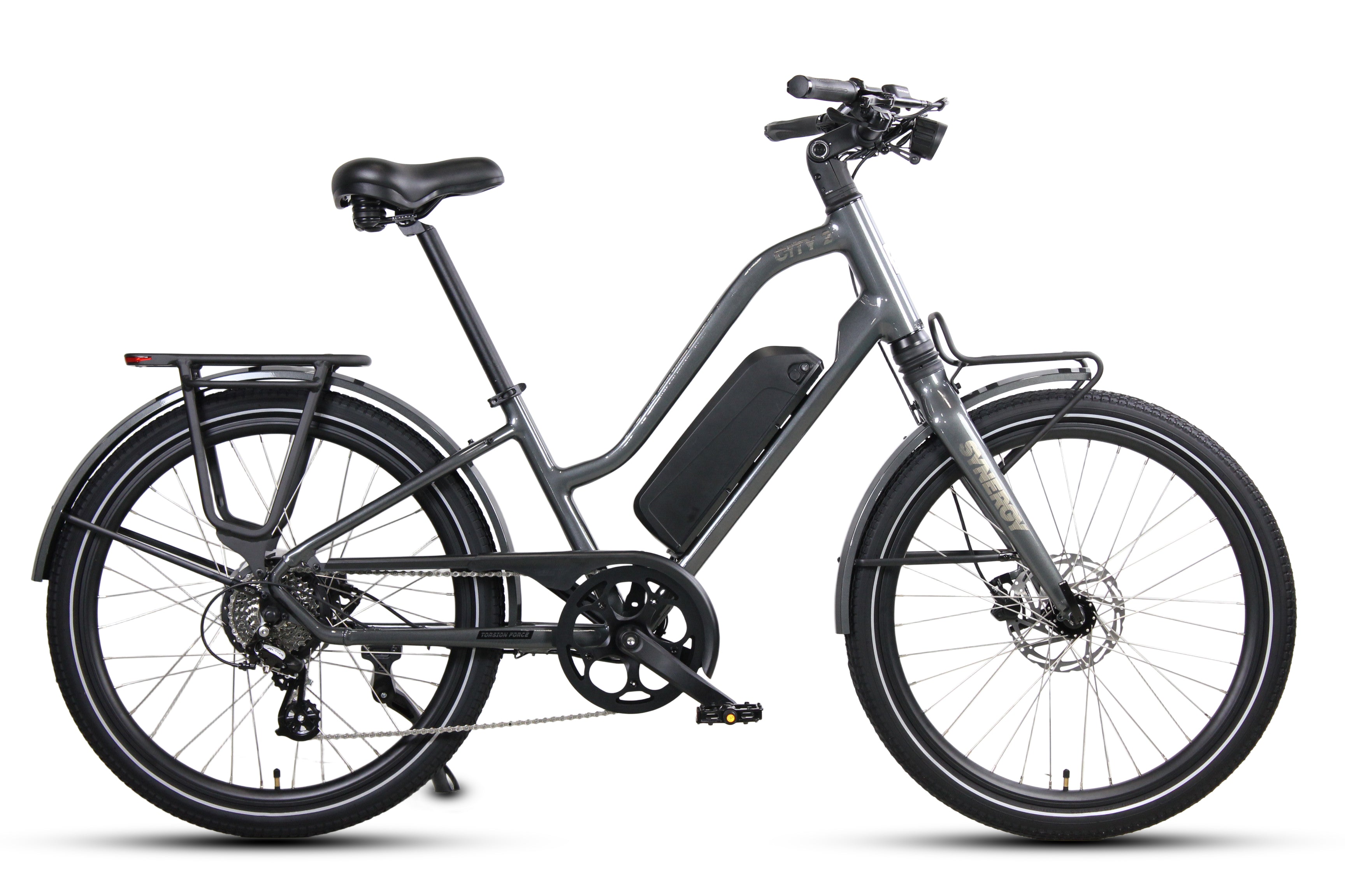 Side view of the Grey Synergy City 2 electric bike featuring a step-through frame, integrated battery, front and rear fenders, and rear cargo rack.