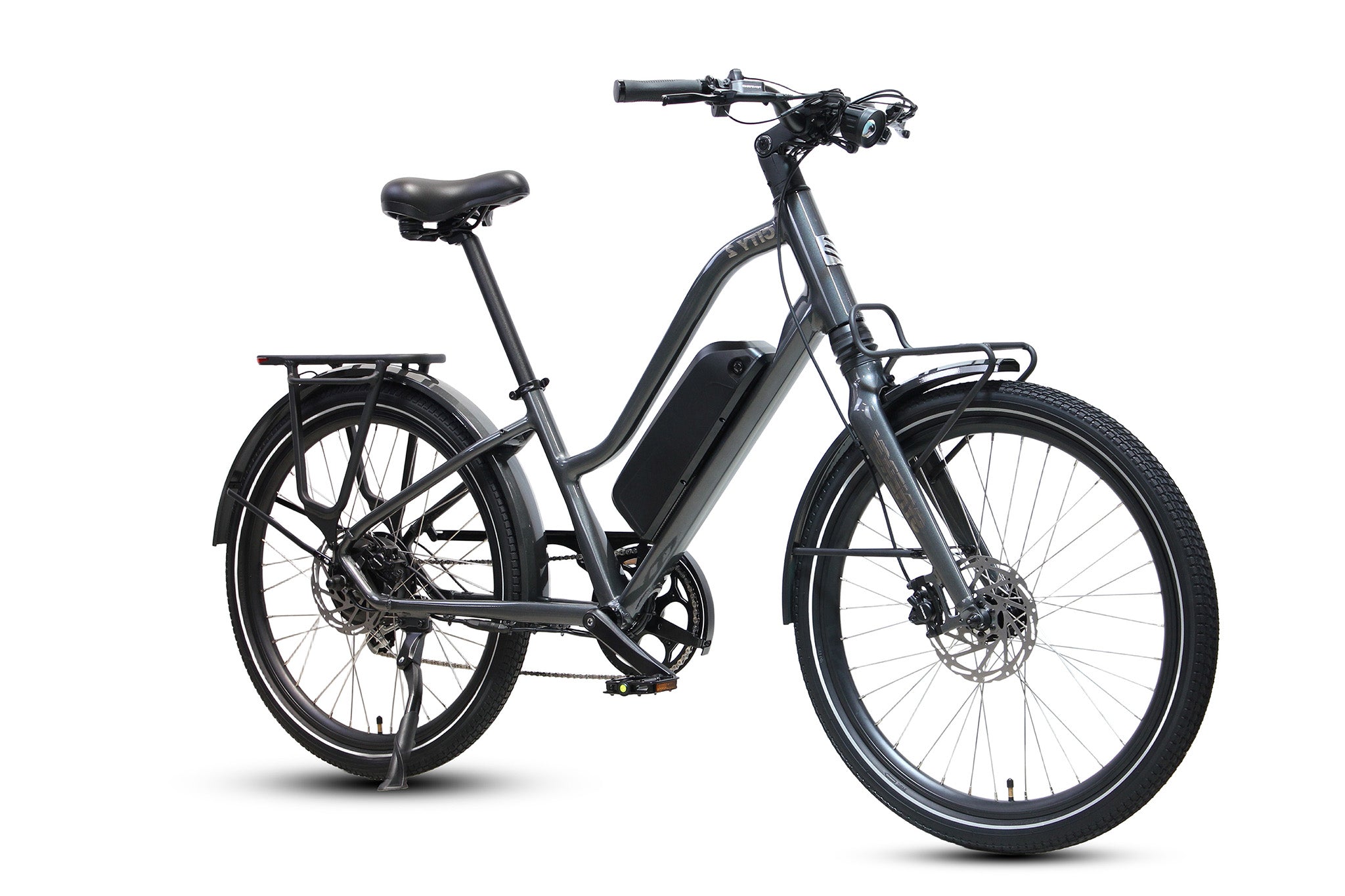 Grey Synergy City 2 electric bike with step-through frame, front and rear fenders, rear rack, and integrated battery.