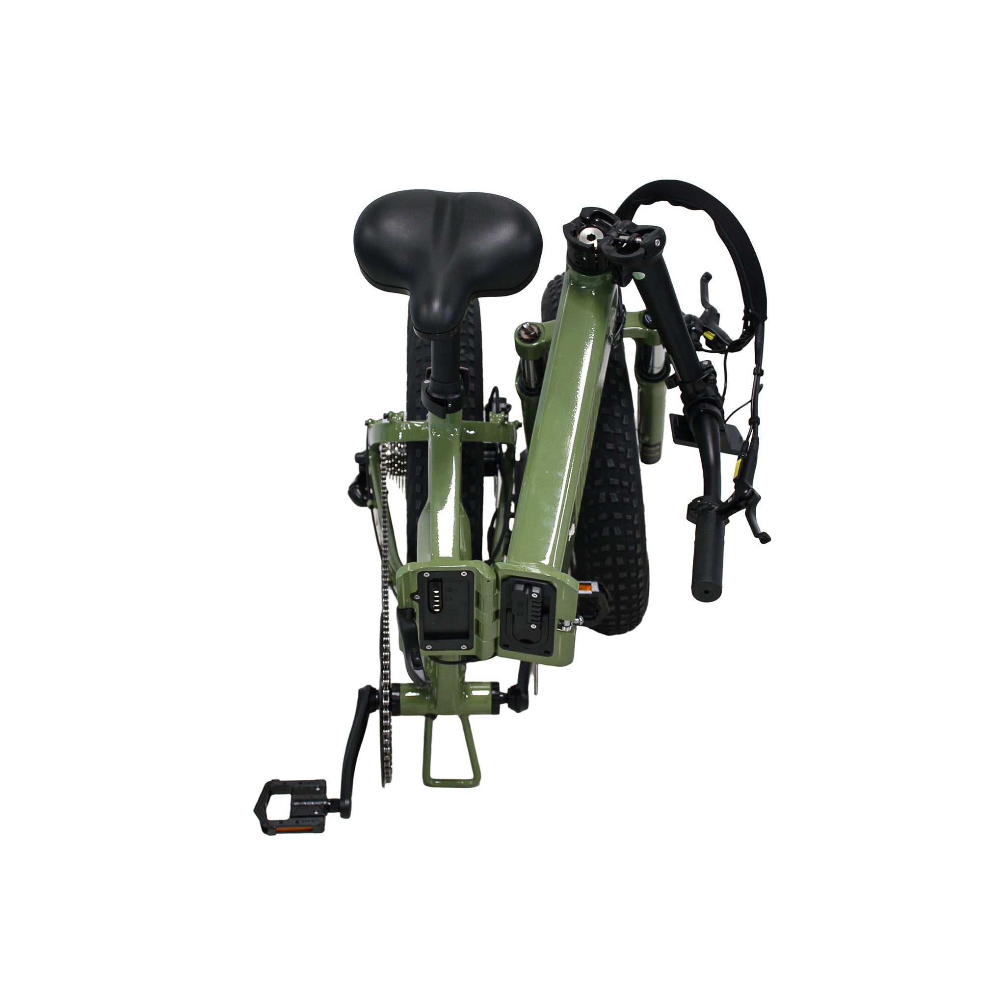 Synergy Kahuna folding electric bike, shown in fully folded front view position