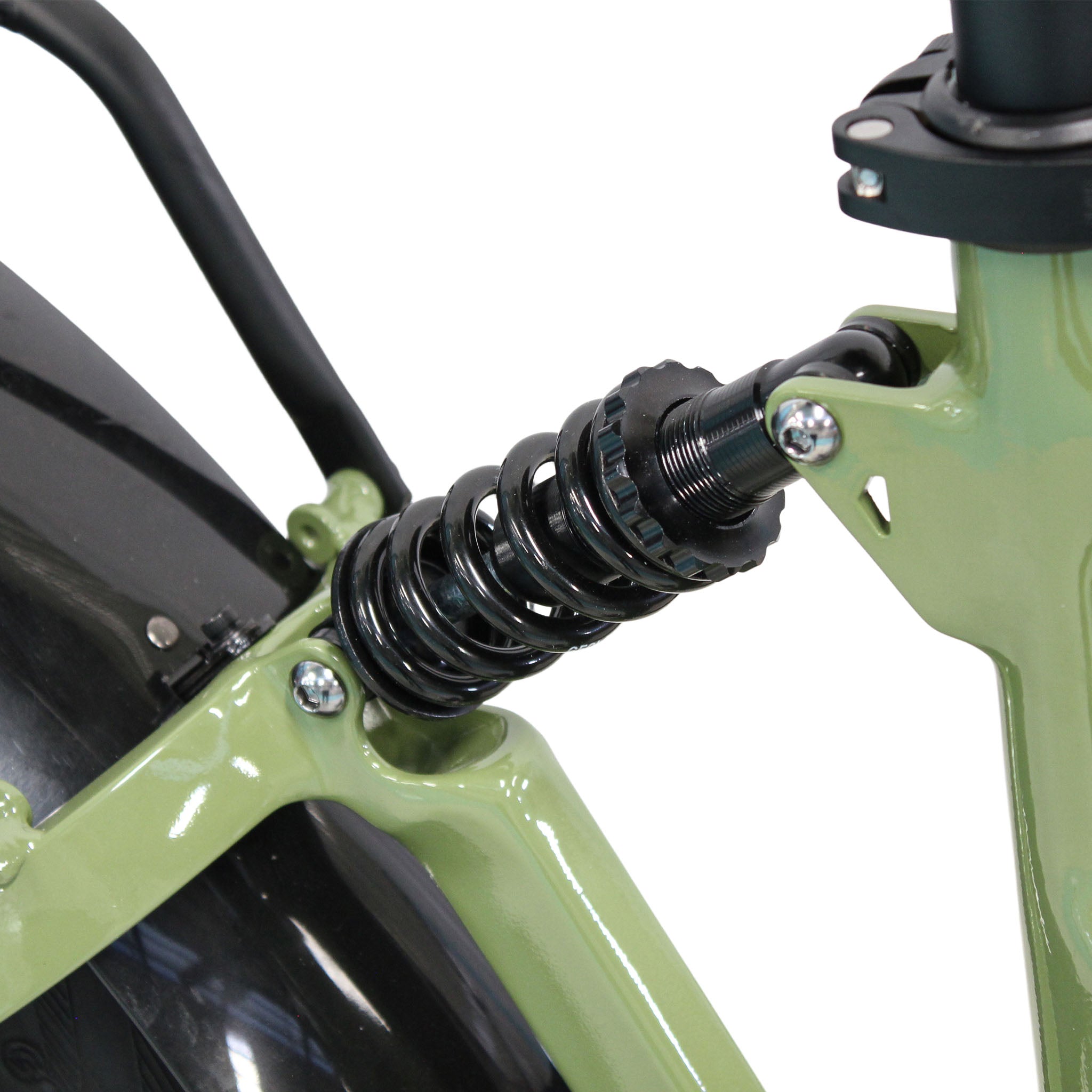Close-up of rear coil suspension on Synergy Kahuna electric bike