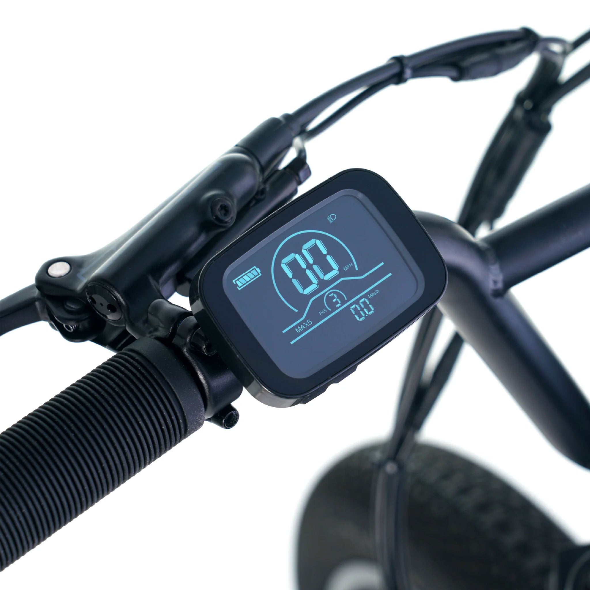 Digital display on a bicycle handlebar with a blurred background
