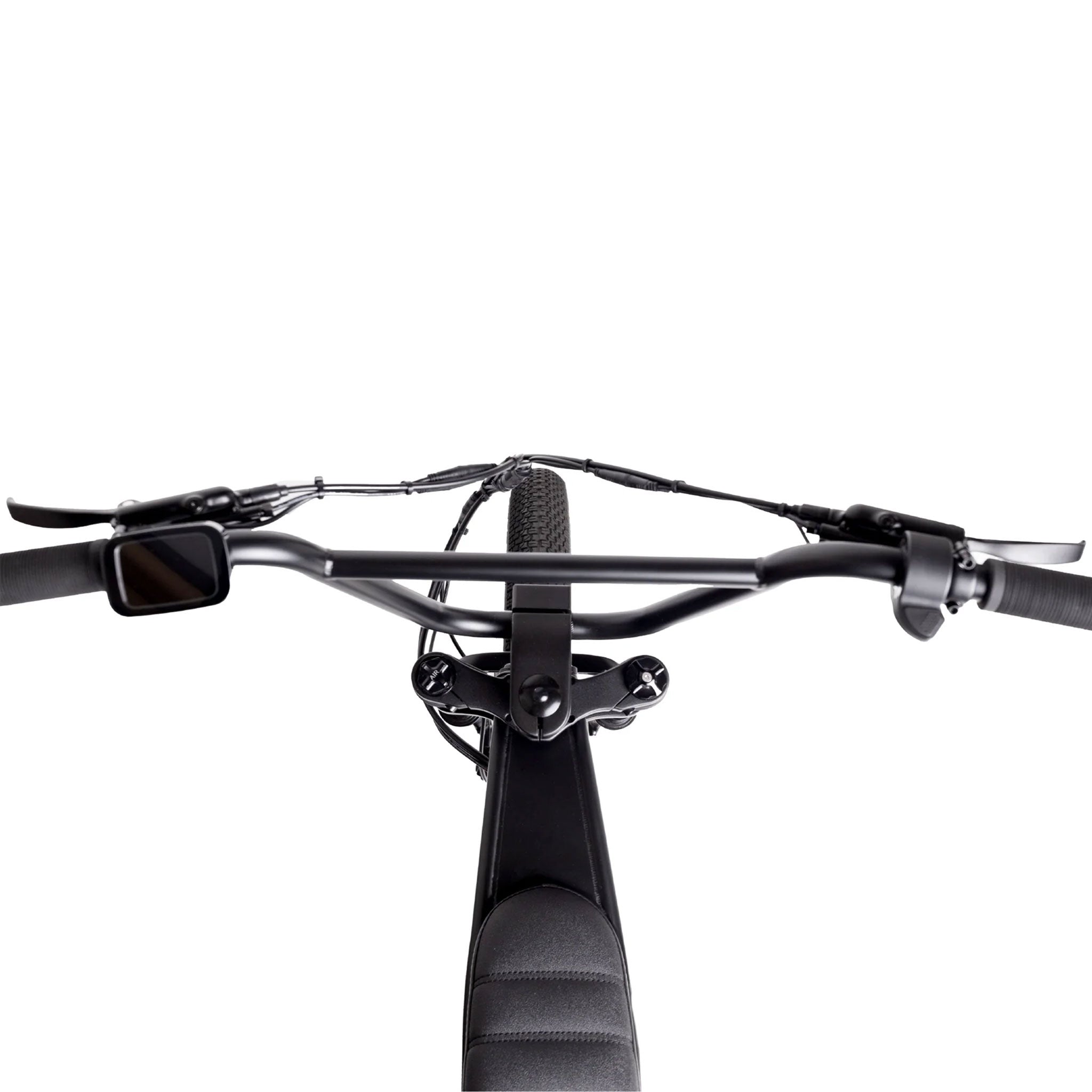 Close-up of a bicycle handlebar with black grips and brake levers on a white background