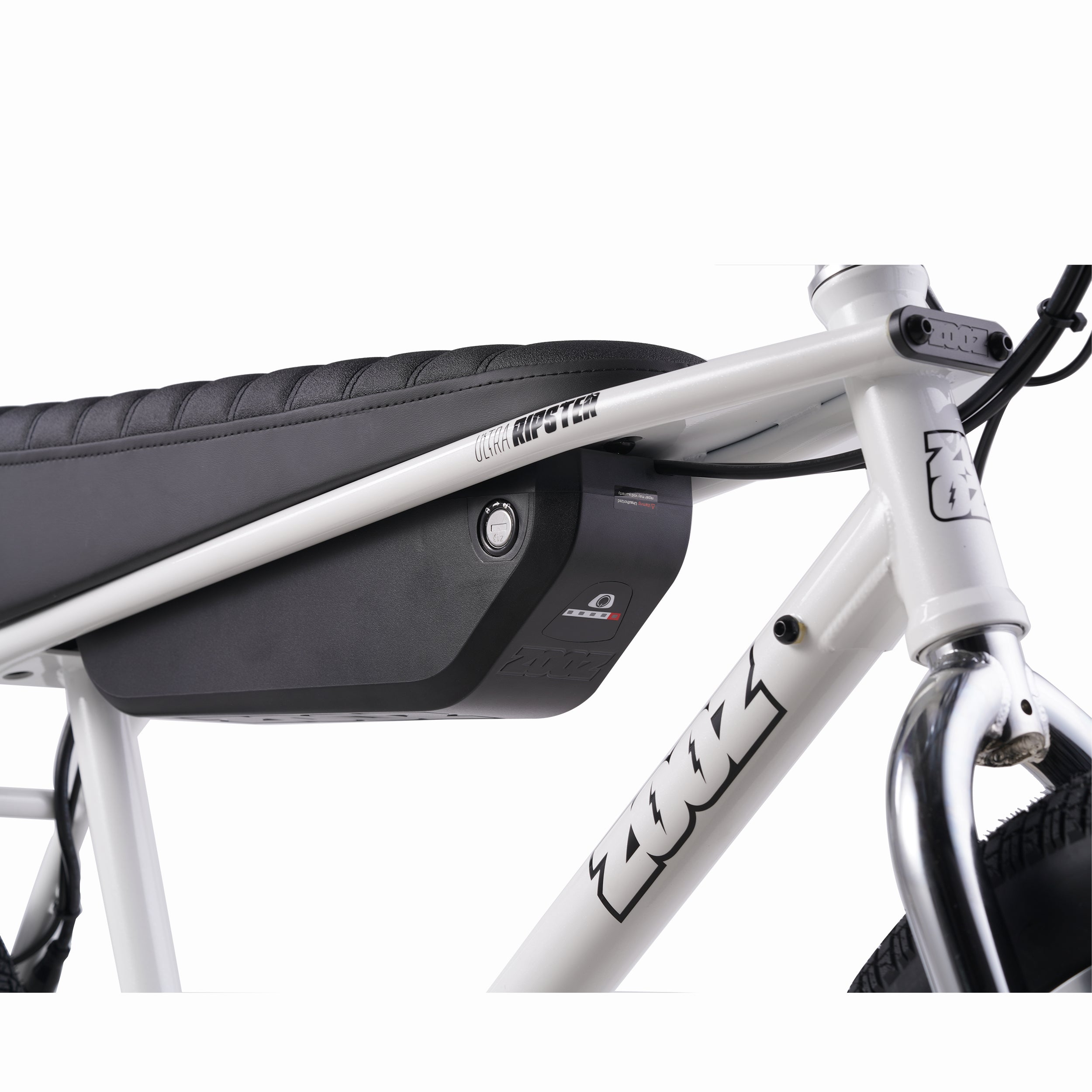 Zooz Electric Bike Ultra Ripster Gen 2 Spark White Battery 3/4 View