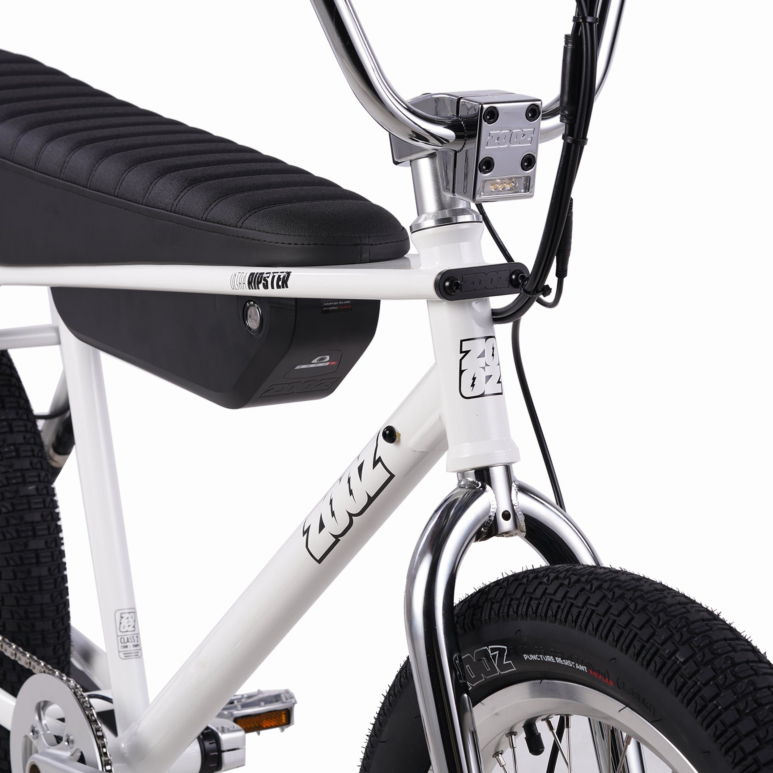 Zooz Electric Bike Ultra Ripster Gen 2 Spark White Head tube 3/4 view