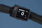 Close-up of RadKick Arctic Blue electric bike LCD display showing speed and battery level