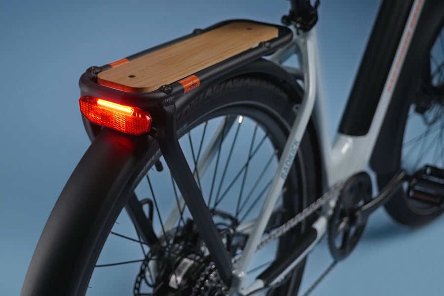 Rear rack with integrated light on RadKick Arctic Blue electric bike
