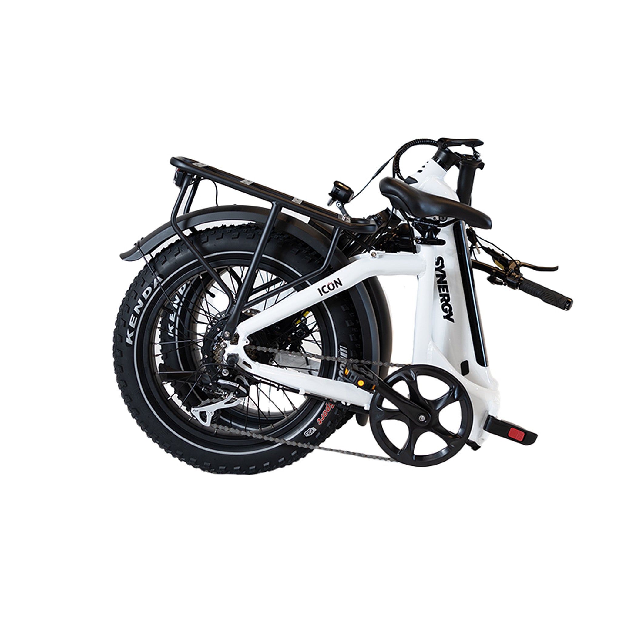 Folded white Synergy low-step electric bike showing compact storage design